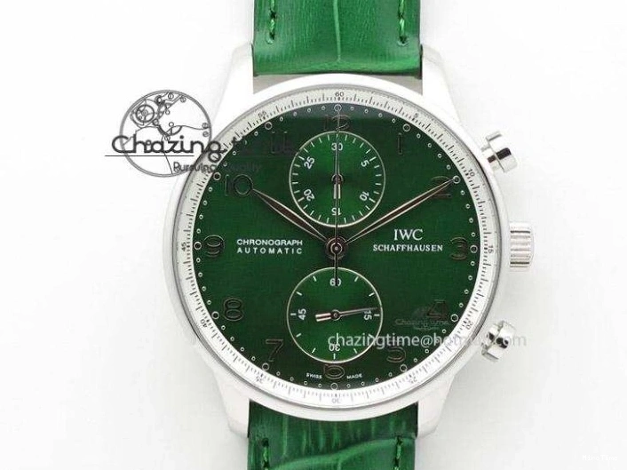 MIROTIME 1228 Versatile Portuguese 40mm Chrono SS Green Dial On Green Leather Strap A 7380